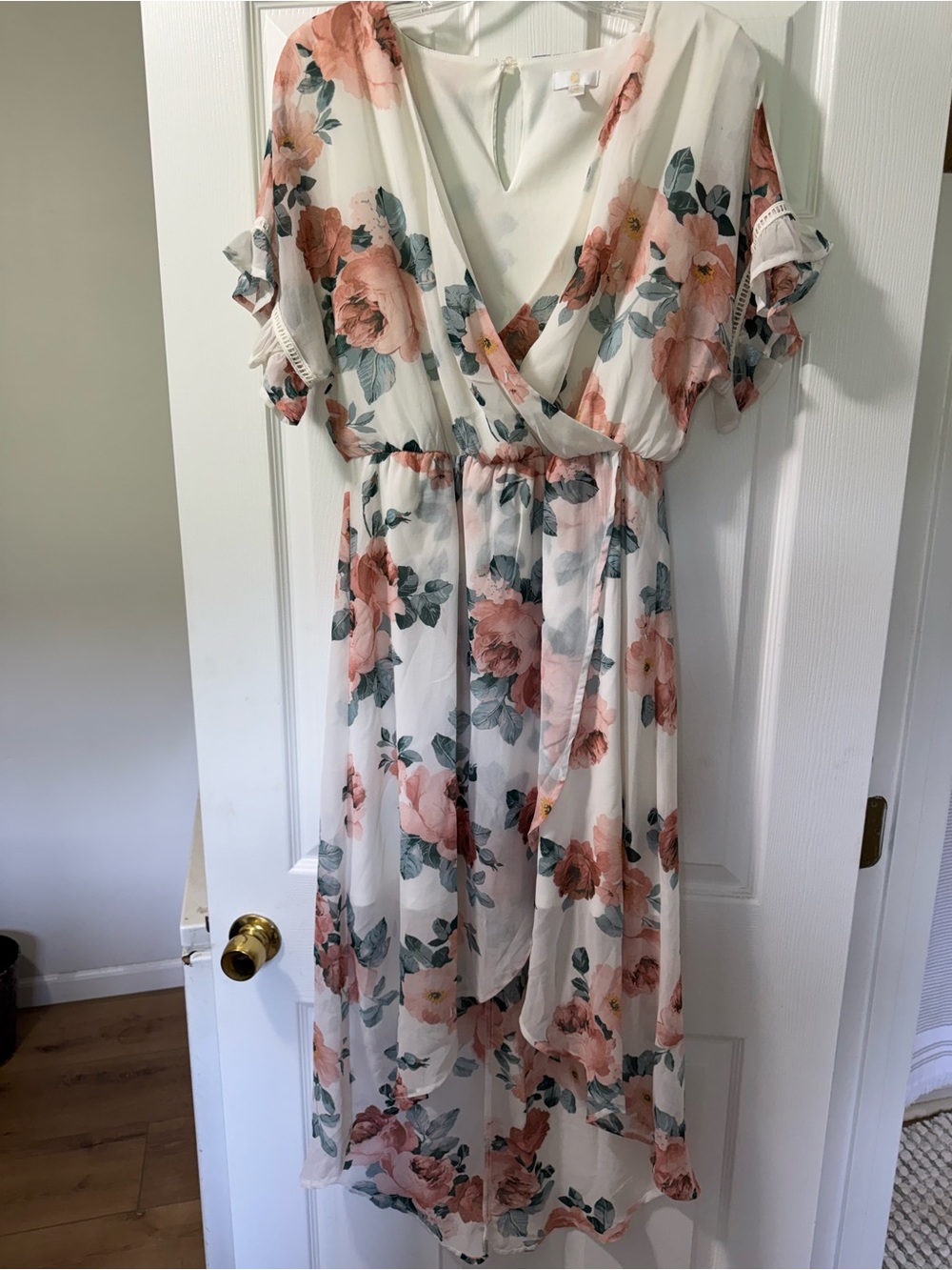 C Floral Wrap Midi Dress in Cream with Pink and Green
